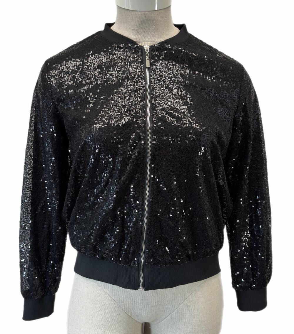 Kancy Kole black sequenced lined 80’s disco style bomber jacket top zipper XL
